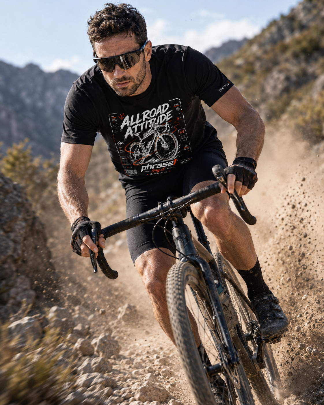 Premium T-Shirt mit Visual "Allroad Attitude" Gravel Bike. Premium T-Shirt mit Visual "Allroad Attitude" Gravel Bike.