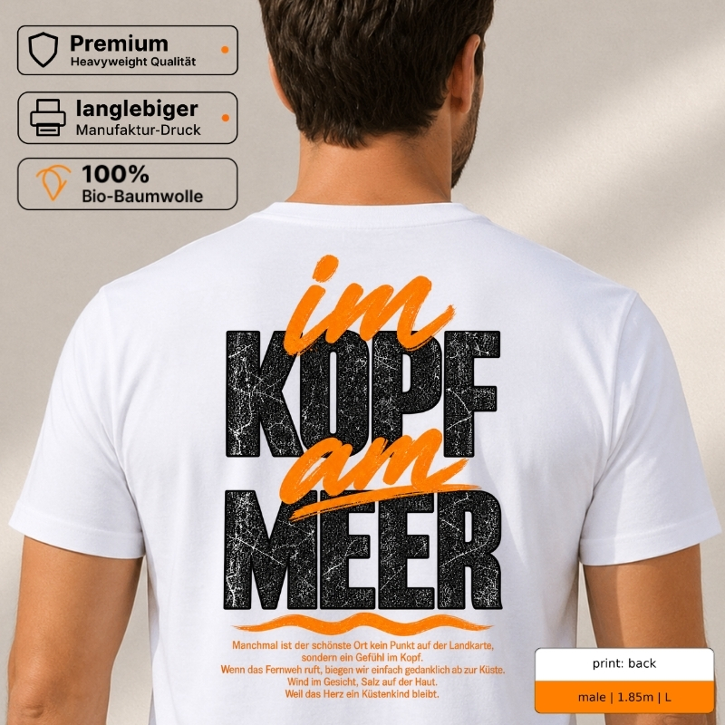 Premium T-Shirt „im Kopf am Meer“ mit Front- und Backprint