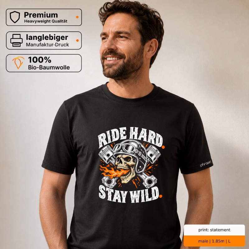 Premium T-Shirt „ride hard. stay wild.“ – Biker Skull