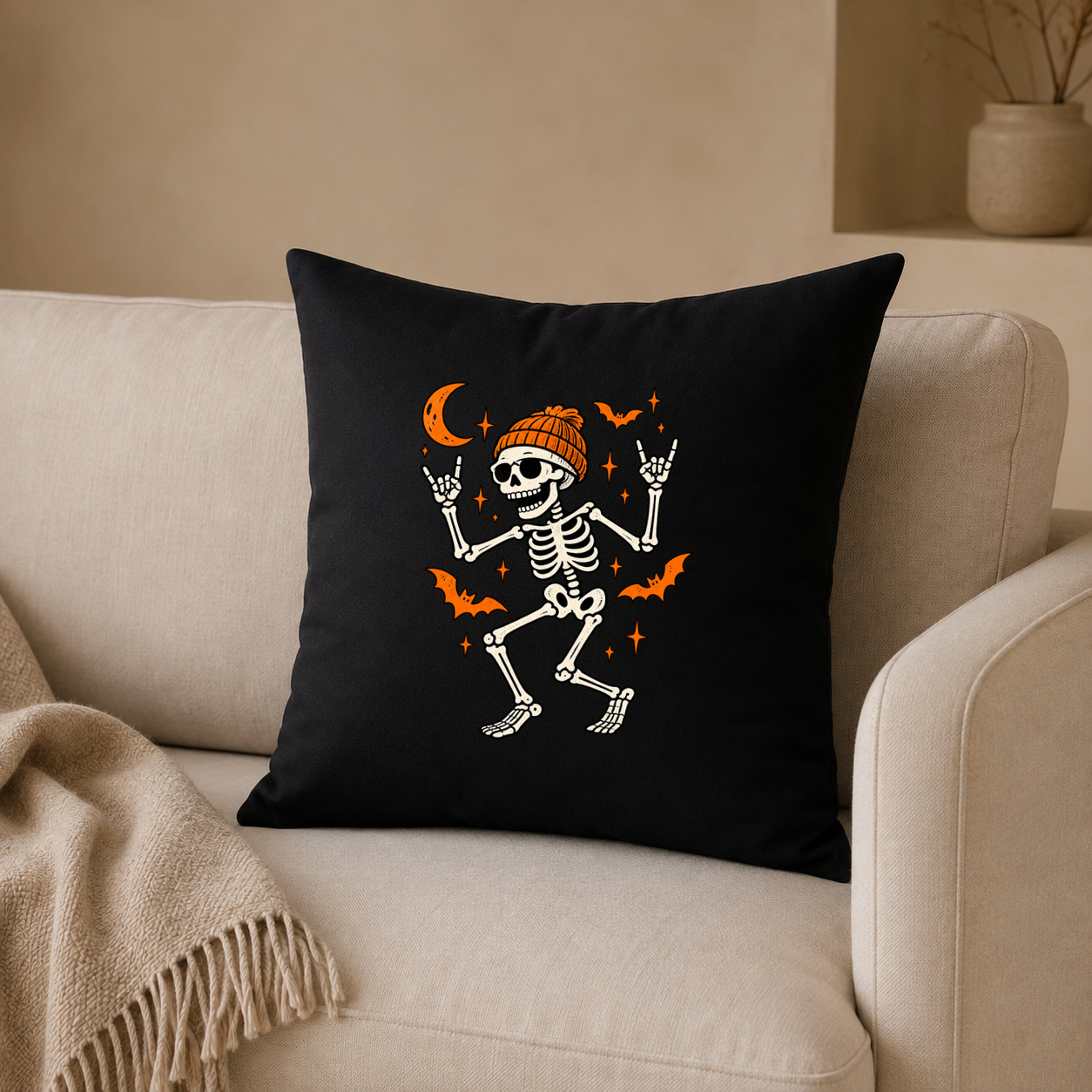 Kissenhülle „Halloween Skelett mit Mütze.“ Kissenhülle „Halloween Skelett mit Mütze.“