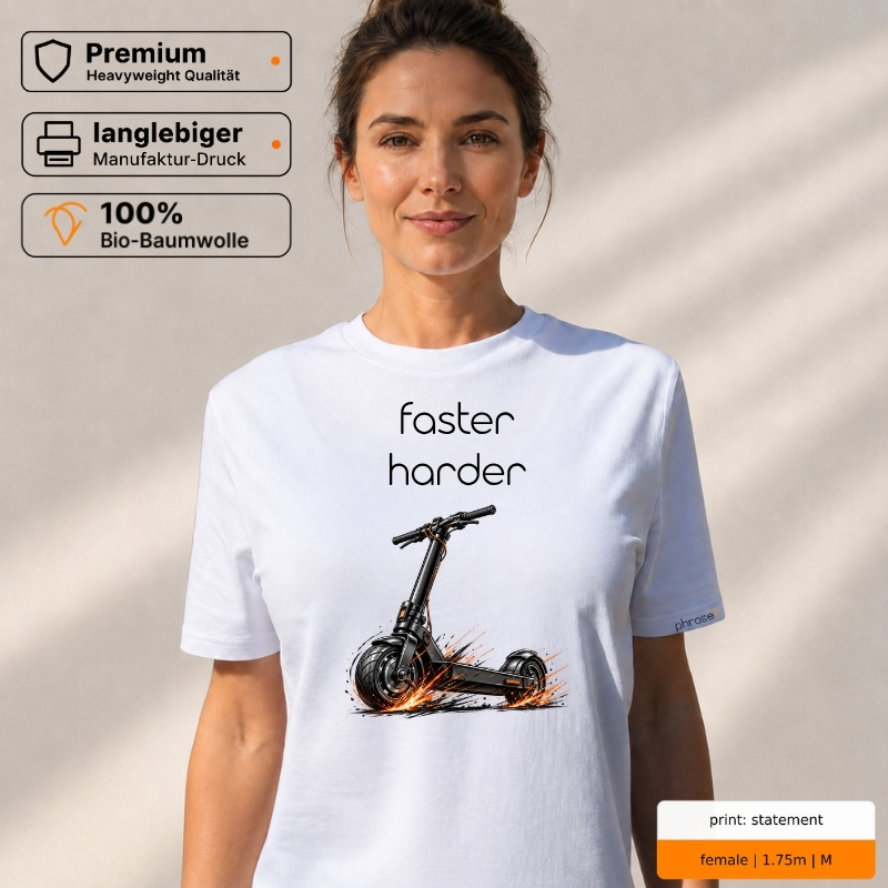 Premium T-Shirt „faster harder“ mit E-Scooter-Motiv
