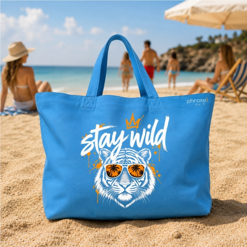 Beach Bag / Big Shopper mit „stay wild.“ Tiger-Motiv