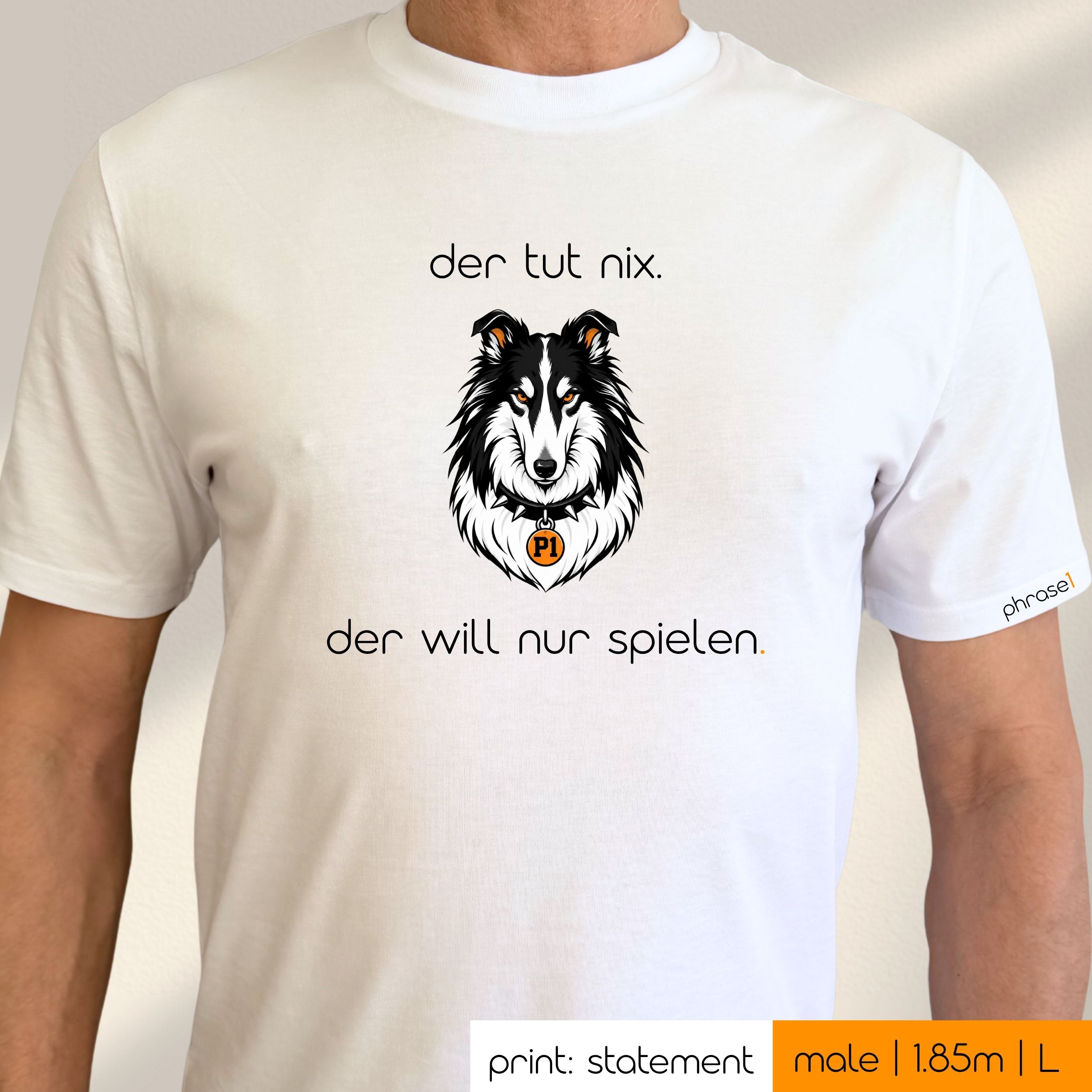 Premium T-Shirt mit Visual Border Collie und Spruch „der tut nix. der will nur spielen.“