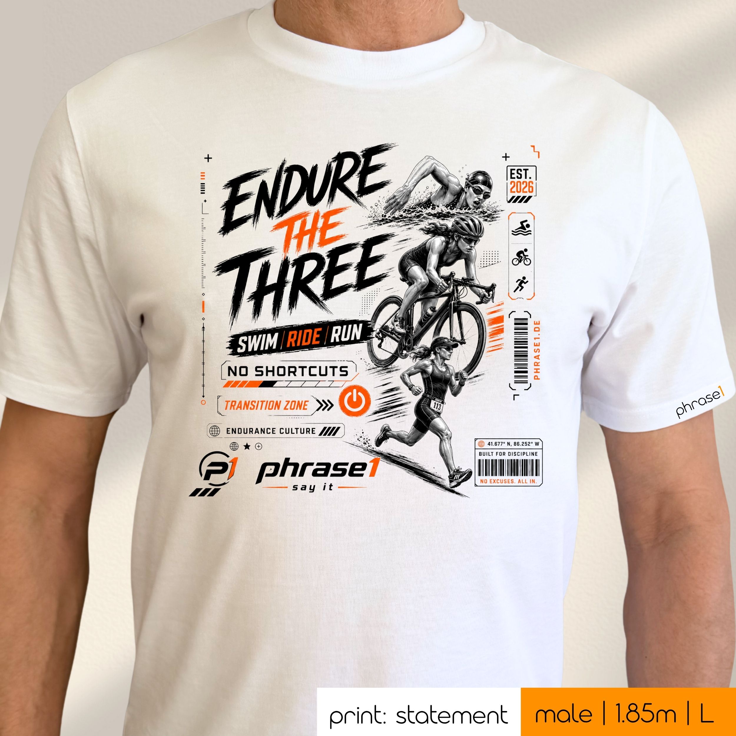 Premium T-Shirt mit Visual "ENDURE THE THREE - SWIM RIDE RUN" p1 urban sportswear Premium T-Shirt mit Visual "ENDURE THE THREE - SWIM RIDE RUN" p1 urban sportswear
