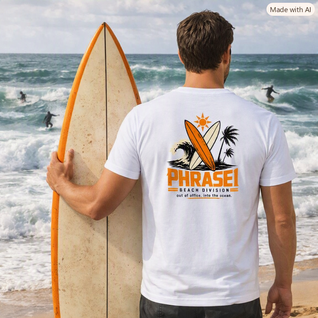 Premium T-Shirt „PHRASE1 BEACH DIVISION“ mit Surf-Rückenprint Premium T-Shirt „PHRASE1 BEACH DIVISION“ mit Surf-Rückenprint