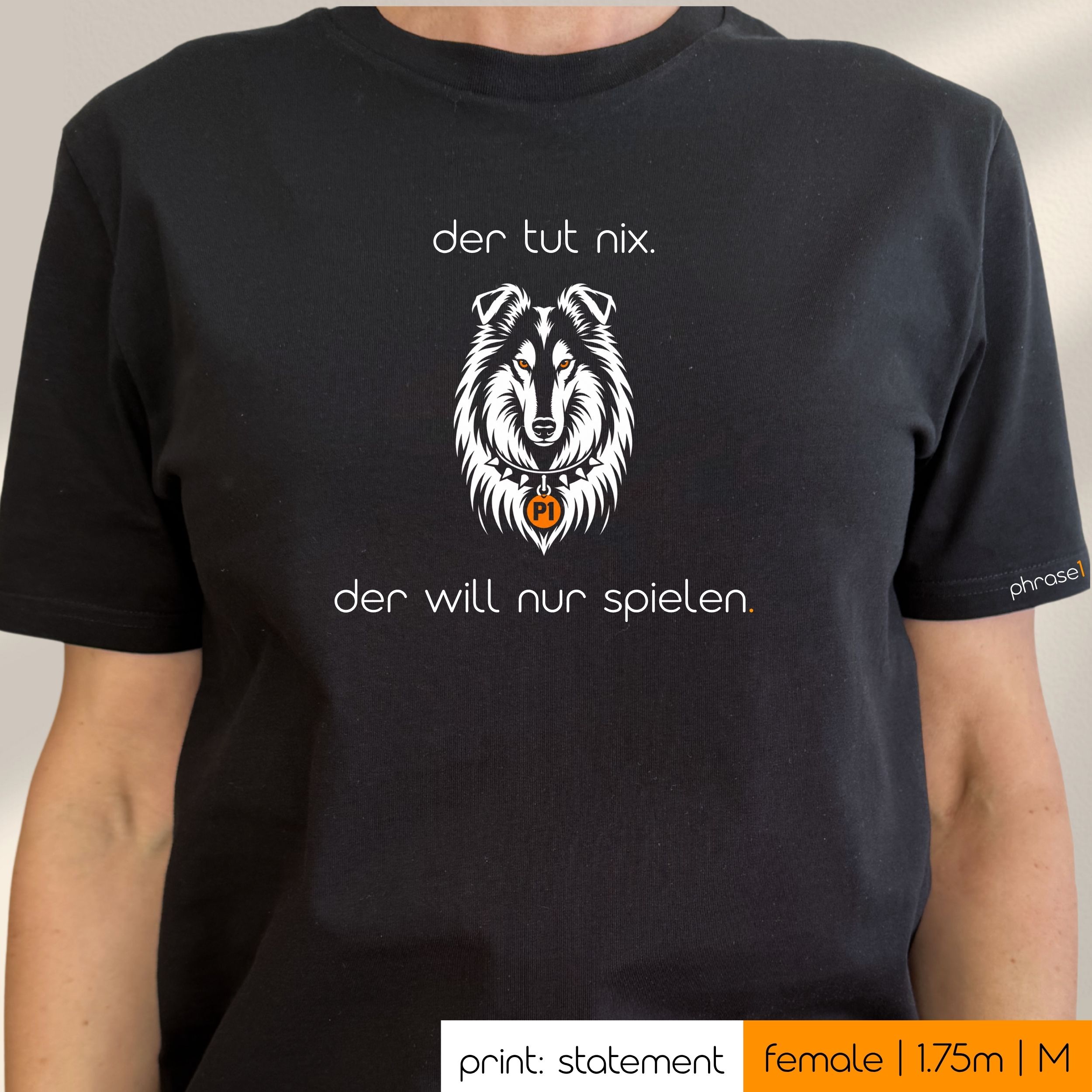 Premium T-Shirt mit Visual Border Collie und Spruch „der tut nix. der will nur spielen.“ Premium T-Shirt mit Visual Border Collie und Spruch „der tut nix. der will nur spielen.“
