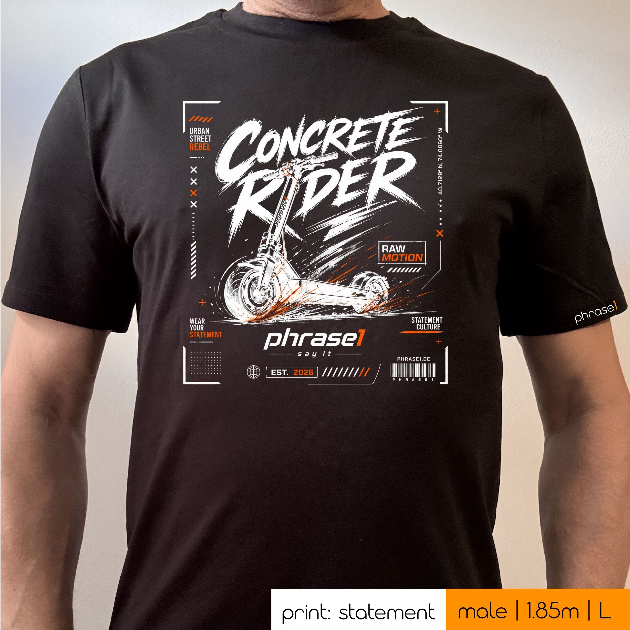 Premium T-Shirt mit Visual "CONCRETE RIDER - phrase1 iconic streetwear" Premium T-Shirt mit Visual "CONCRETE RIDER - phrase1 iconic streetwear"