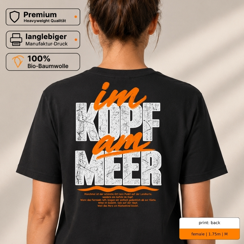 Premium T-Shirt „im Kopf am Meer“ mit Front- und Backprint