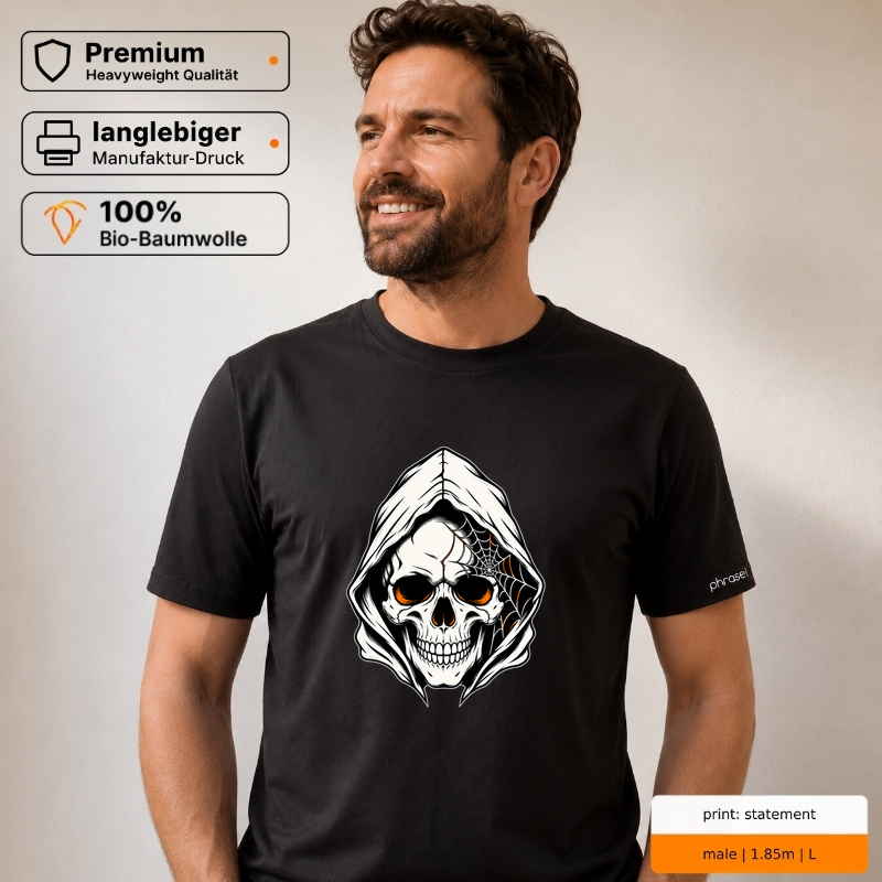 Premium T-Shirt "Totenkopf mit Kapuze und Spinnennetz"