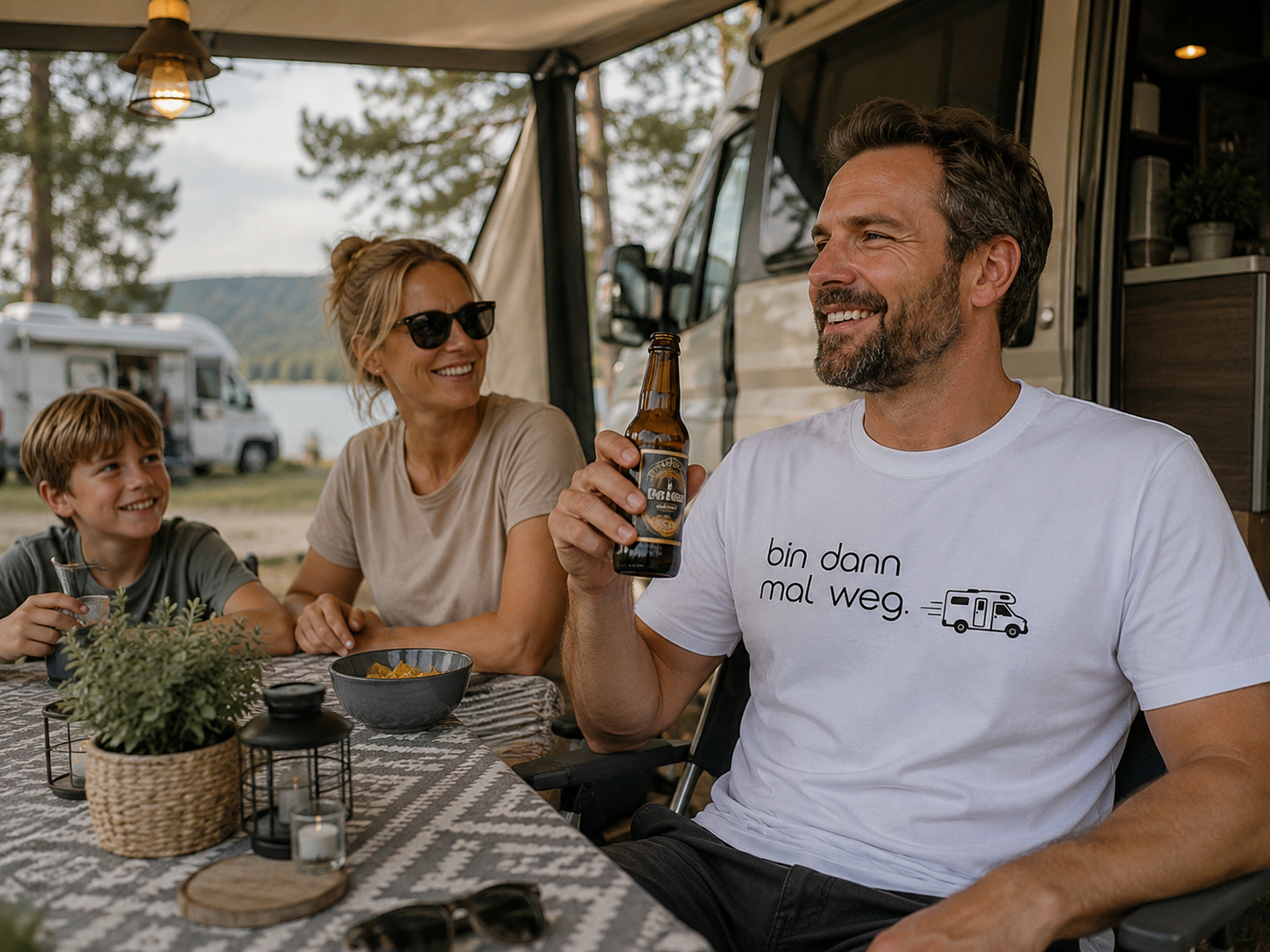 Premium T-Shirt mit Spruch "bin dann mal weg." mit Visual Campervan Premium T-Shirt mit Spruch "bin dann mal weg." mit Visual Campervan