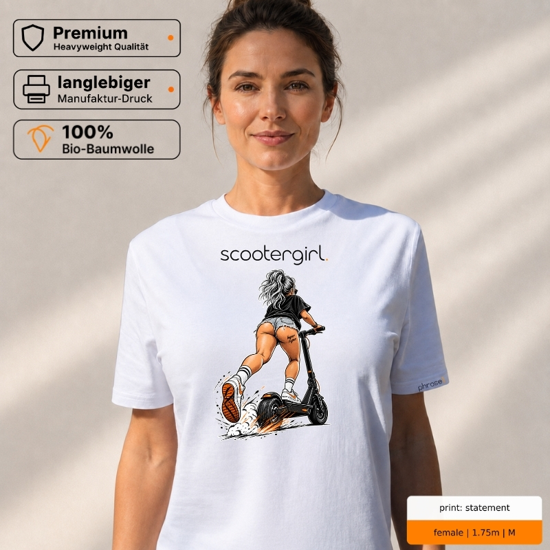 Premium T-Shirt „scootergirl.“ mit E-Scooter-Motiv Premium T-Shirt „scootergirl.“ mit E-Scooter-Motiv