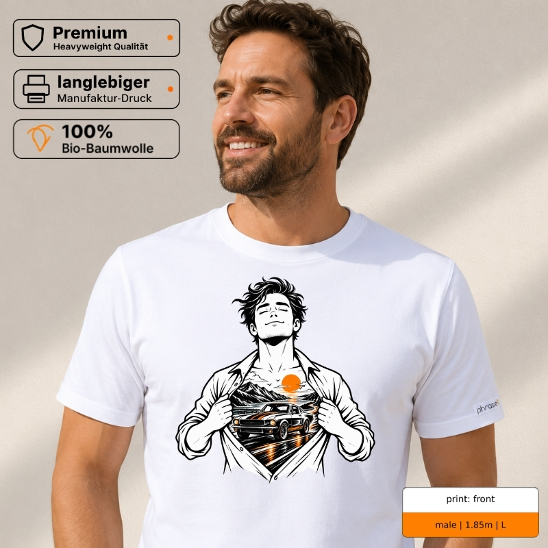 Premium T-Shirt „petrolhead“ mit Sportwagen-Motiv und Rückenprint