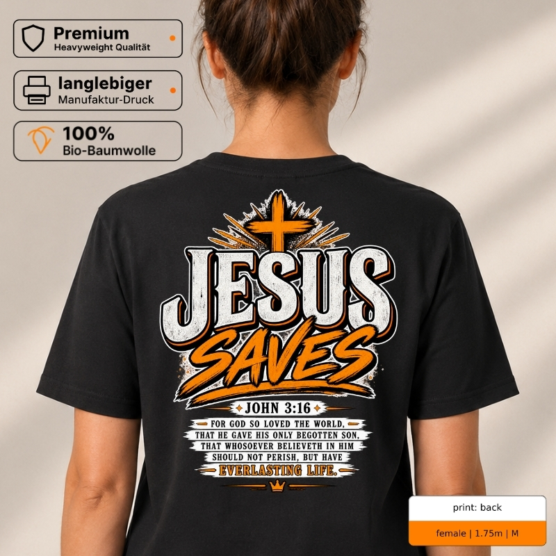 Premium T-Shirt „Jesus Saves“ mit Front- und Backprint