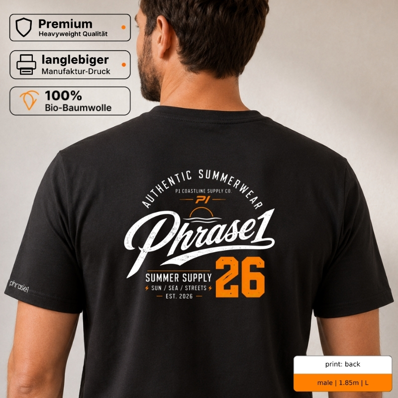 Premium T-Shirt „PHRASE1 SUMMER SUPPLY 26“ – p1 beachwear Rückenprint