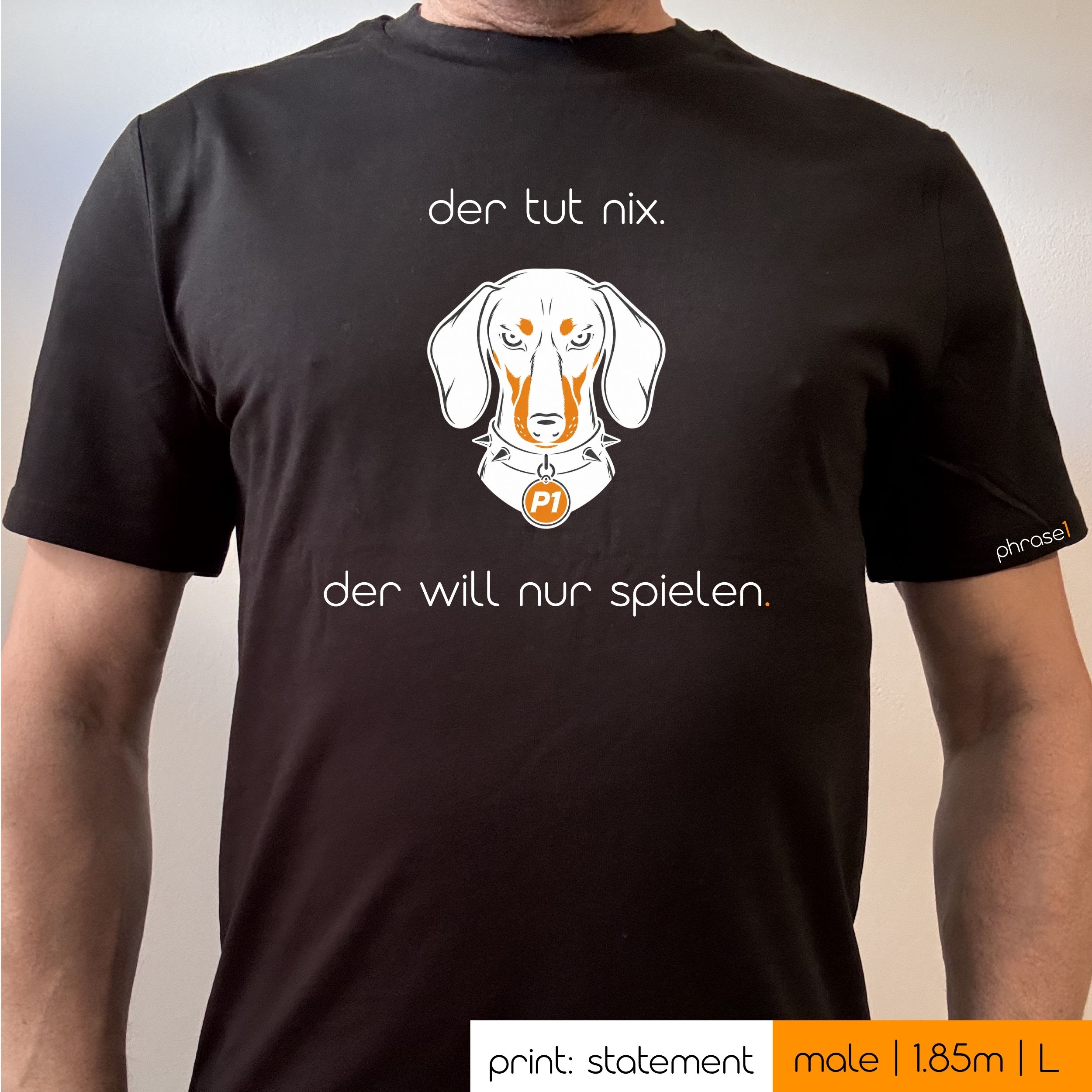 Premium T-Shirt mit Visual Dackel und Spruch „der tut nix. der will nur spielen.“