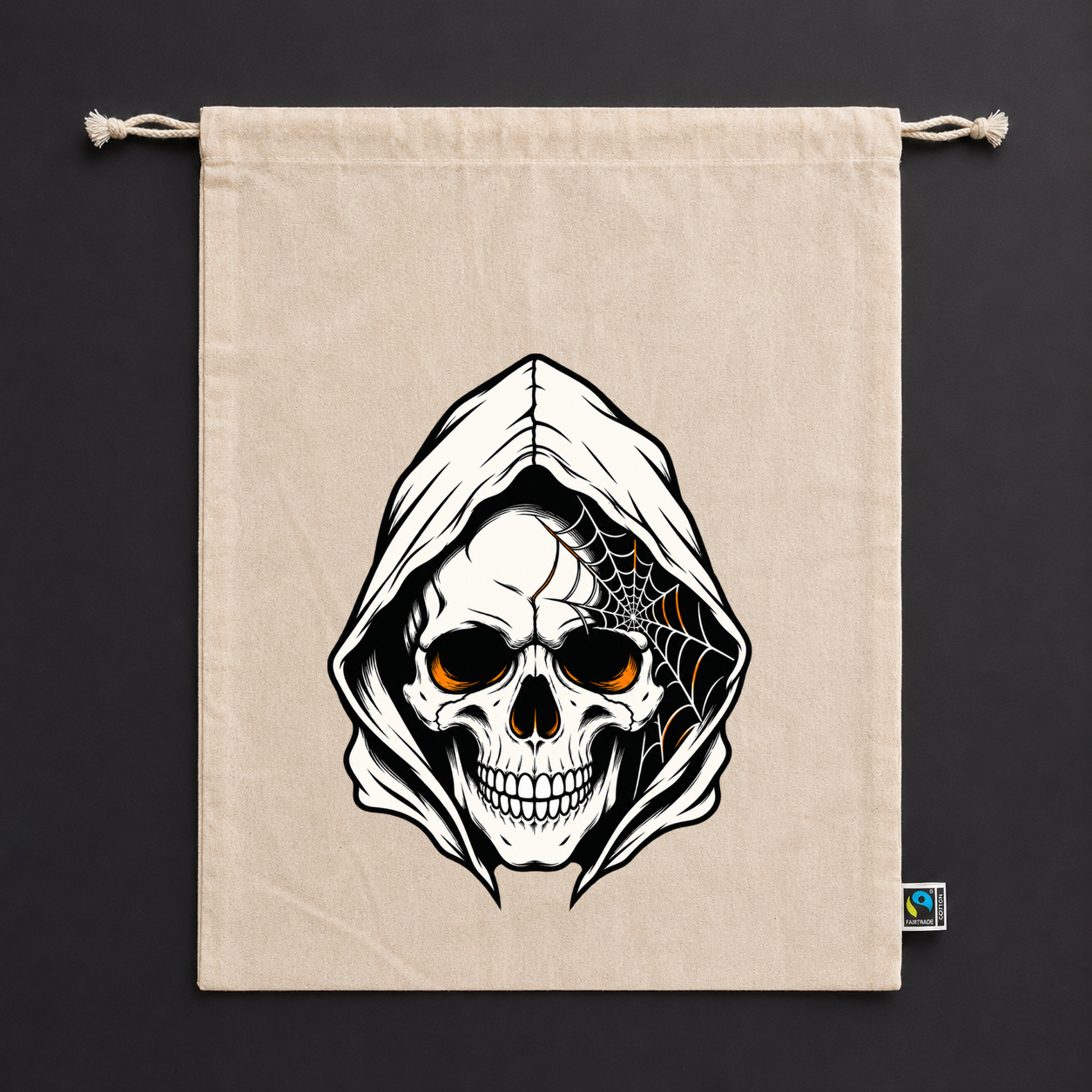 Zuziehbeutel "Totenkopf mit Kapuze und Spinnennetz" Zuziehbeutel "Totenkopf mit Kapuze und Spinnennetz"