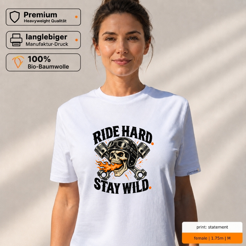 Premium T-Shirt „ride hard. stay wild.“ – Biker Skull