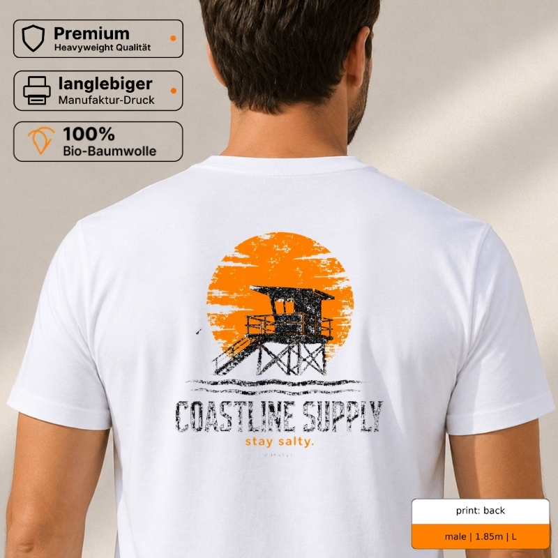 Premium T-Shirt „COASTLINE SUPPLY / stay salty“ – p1 beachwear Rückenprint