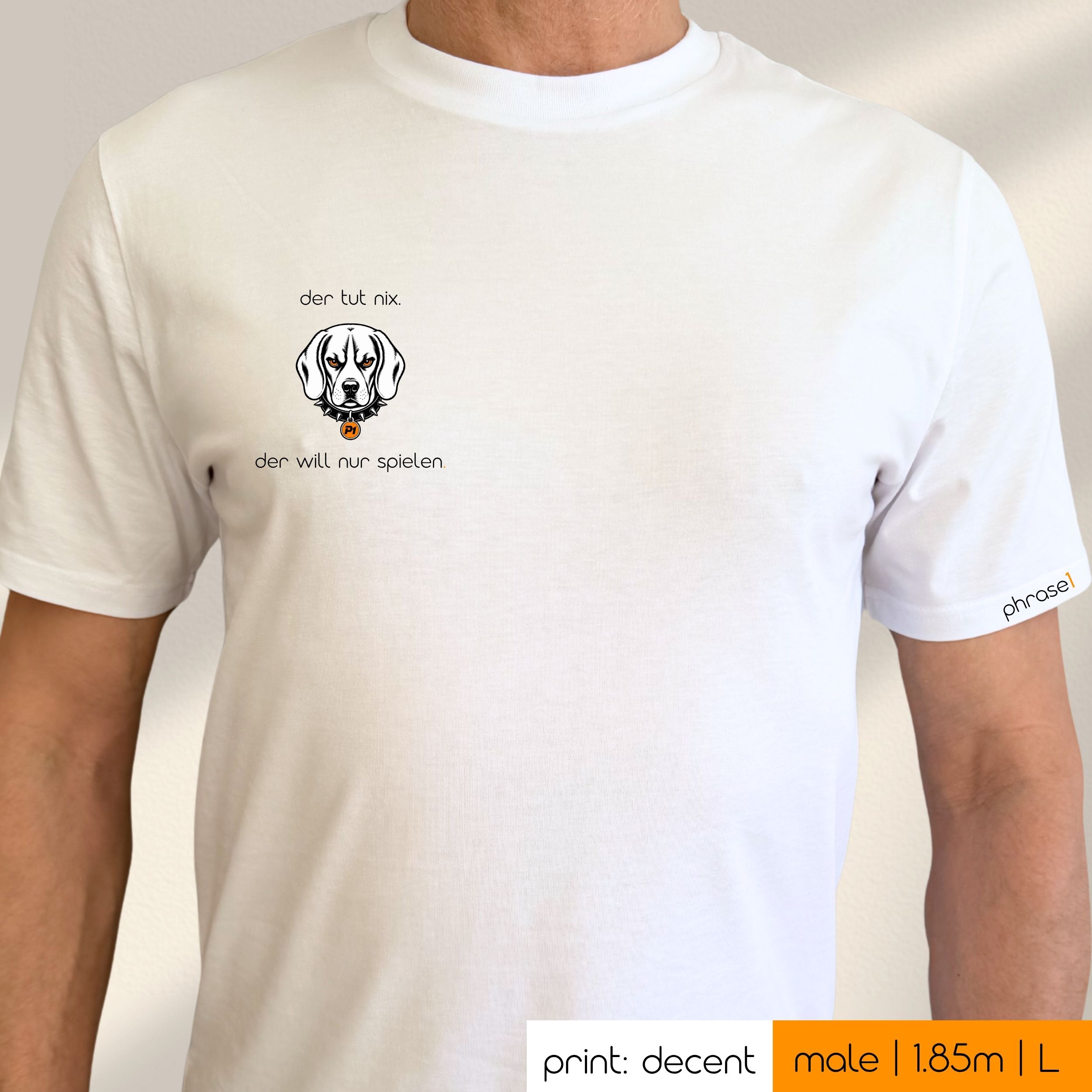 Premium T-Shirt mit Visual Beagle und Spruch „der tut nix. der will nur spielen.“