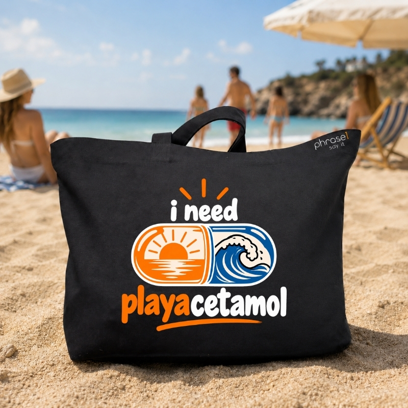 Beach Bag / Big Shopper mit „i need playacetamol“ Sommer-Motiv Beach Bag / Big Shopper mit „i need playacetamol“ Sommer-Motiv