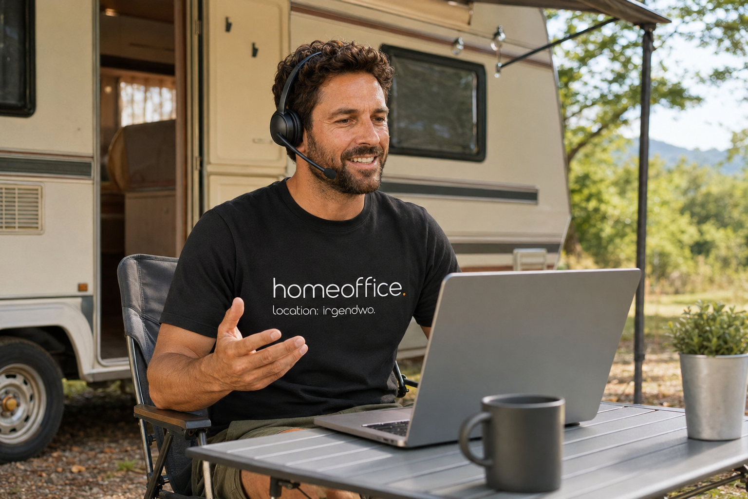 Premium T-Shirt mit Spruch "home office. location: irgendwo."