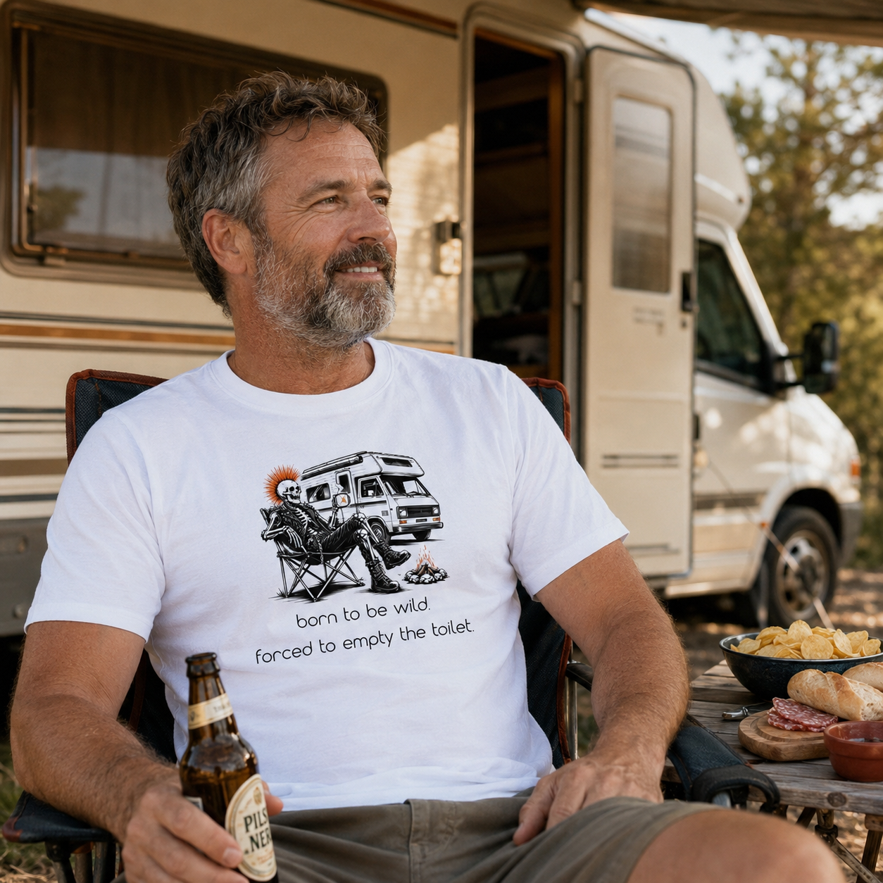 Premium T-Shirt mit Spruch "born to be wild. forced to empty the toilet." mit Visual Punk vor Campervan