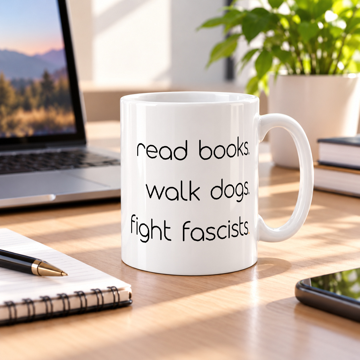 Tasse „read books. walk dogs. fight fascists.“