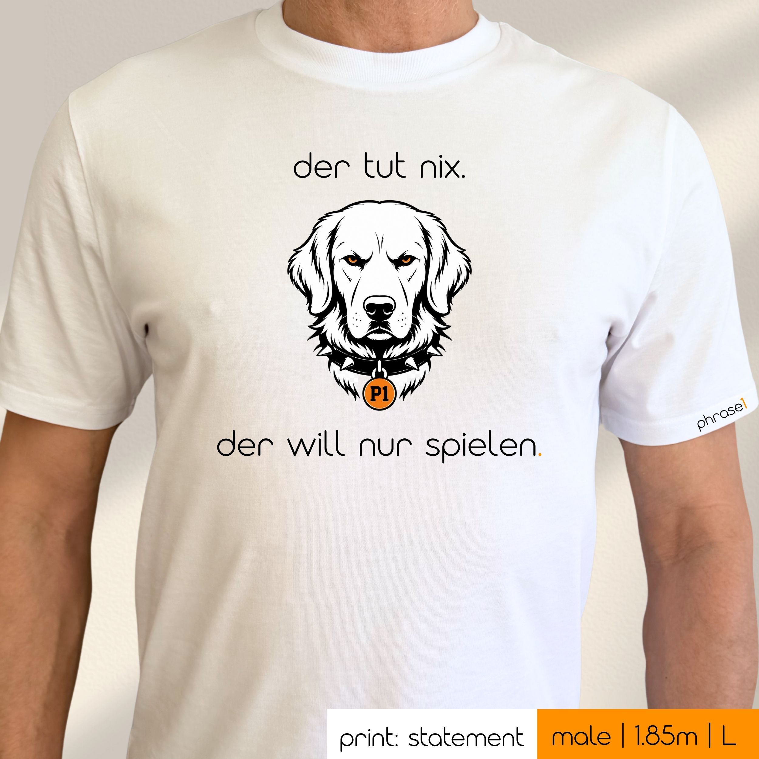 Premium T-Shirt mit Visual Golden Retreiver und Spruch „der tut nix. der will nur spielen.“