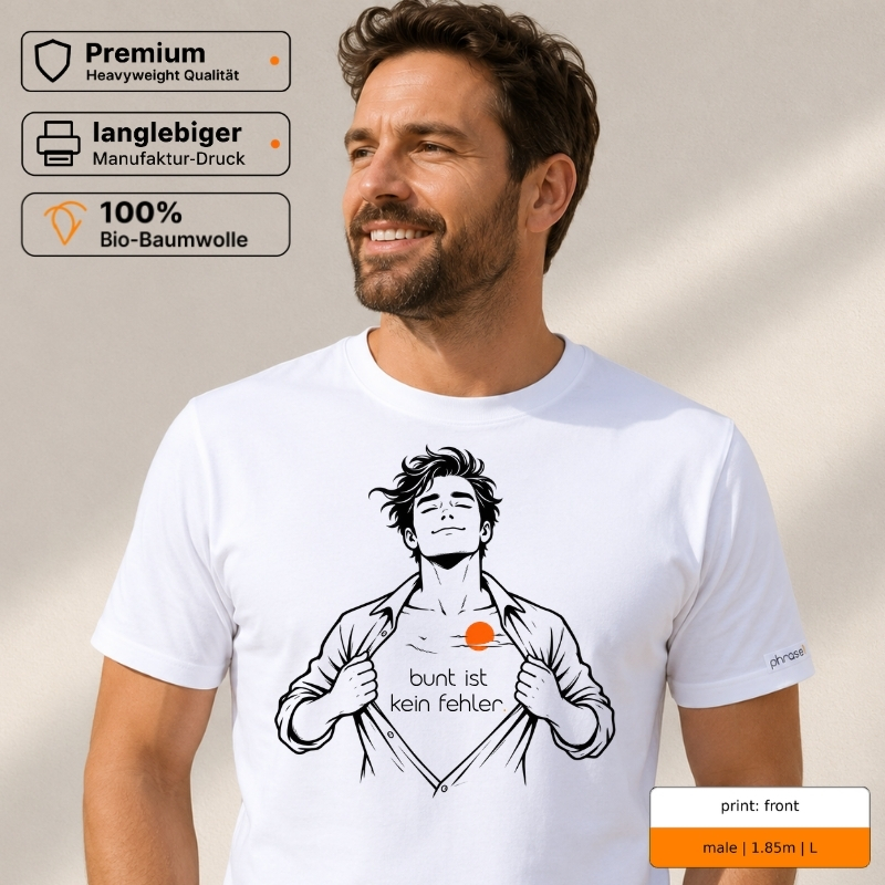 Premium T-Shirt „bunt ist kein fehler.“ mit Front- und Backprint Premium T-Shirt „bunt ist kein fehler.“ mit Front- und Backprint