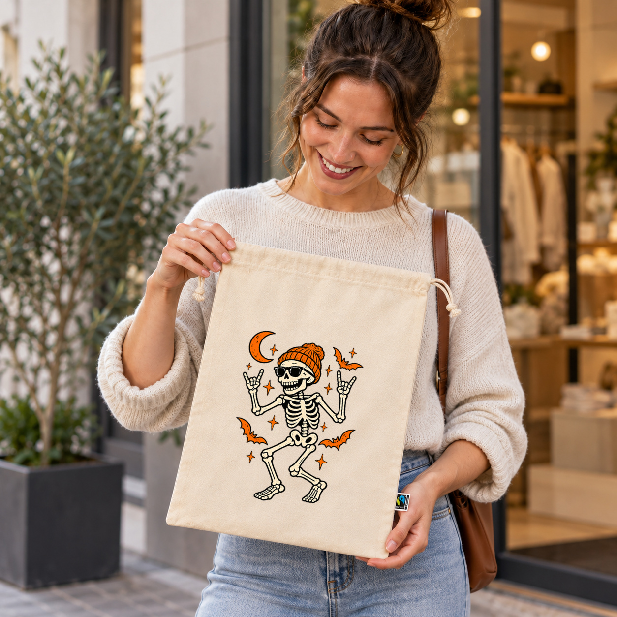 Zuziehbeutel „Halloween Skelett mit Mütze.“ Zuziehbeutel „Halloween Skelett mit Mütze.“