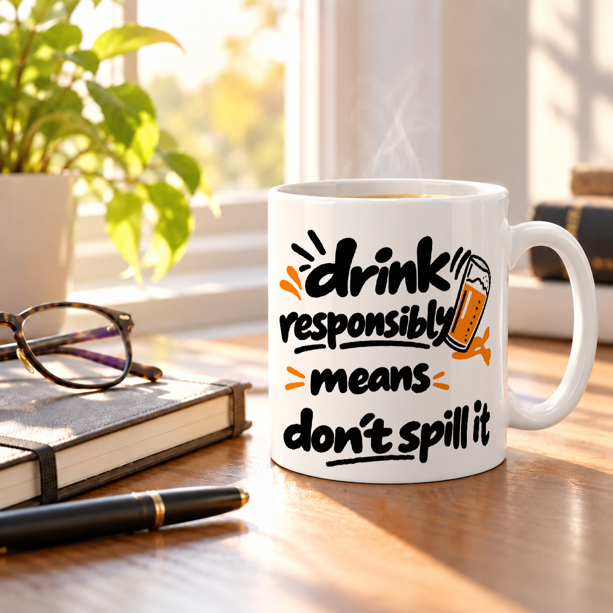 Tasse „drink responsibly means don't spill it.“