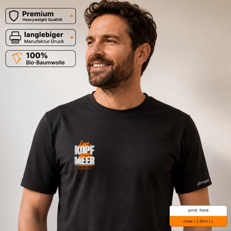 Premium T-Shirt „im Kopf am Meer“ mit Front- und Backprint