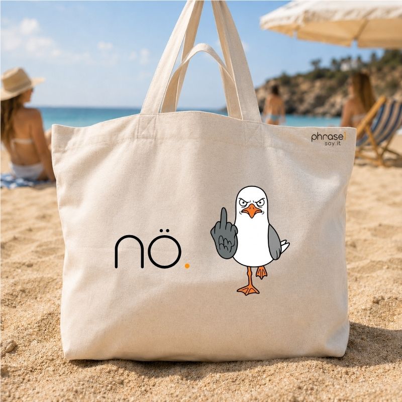 Premium Shopper mit Spruch "nö." und Visual grimmige Möwe im Comicstil Premium Shopper mit Spruch "nö." und Visual grimmige Möwe im Comicstil